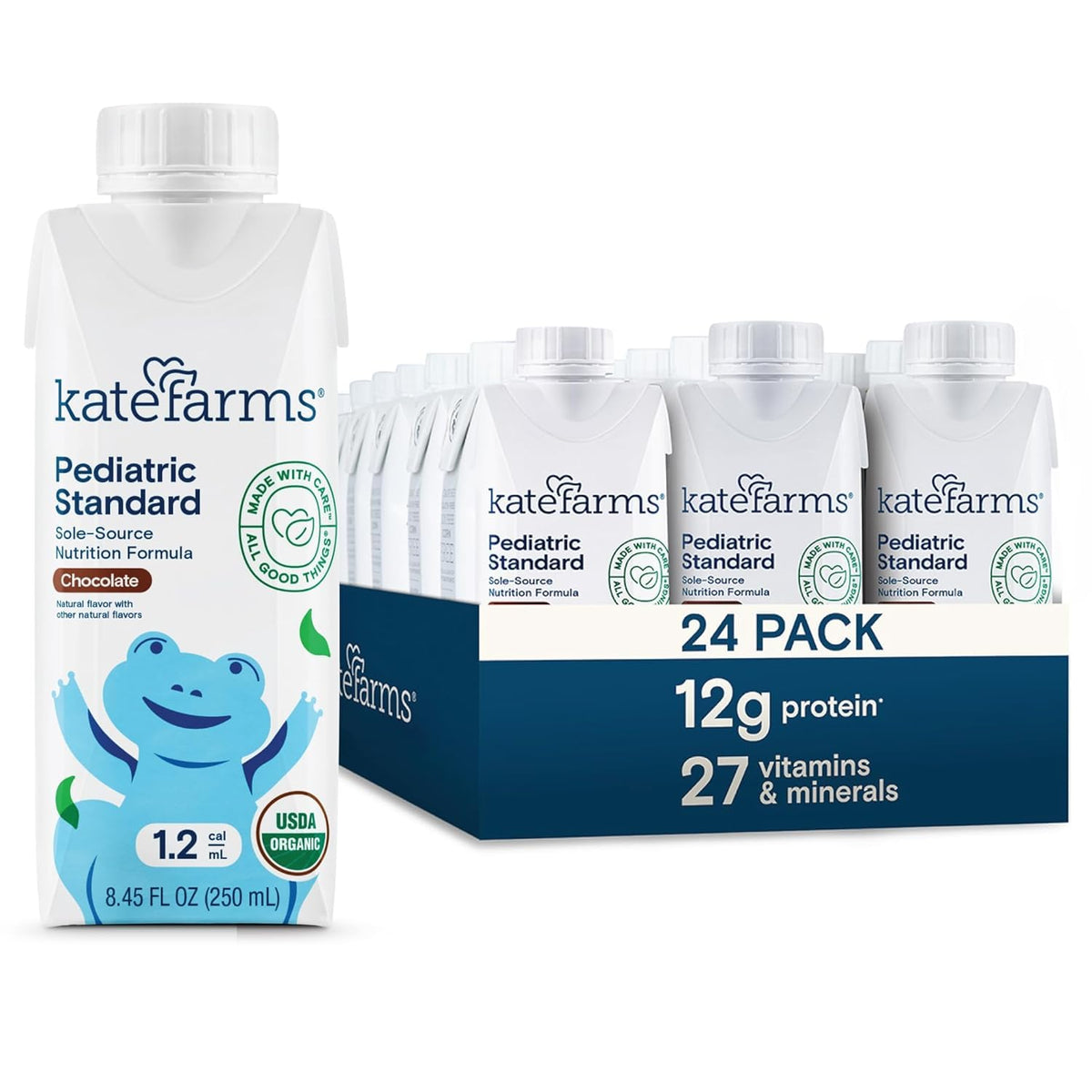 KATE FARMS Organic Plant Based Pediatric 1.2 Sole Source Vanilla Nutrition Shake, 12g of protein, 27 Vitamins and Minerals, Meal Replacement Drink for Kids, Non-GMO, 8.45 Fl oz (Pack of 12)