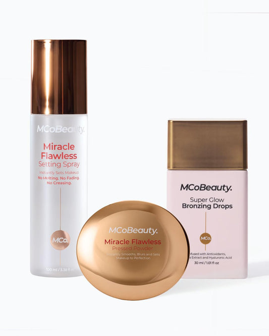 MCoBeauty Flawless Face Bundle, Pressed Powder in Medium Warm, Flawless Setting Spray, and Bronzing Drops, Pack of 3, Vegan, Cruelty Free Cosmetics