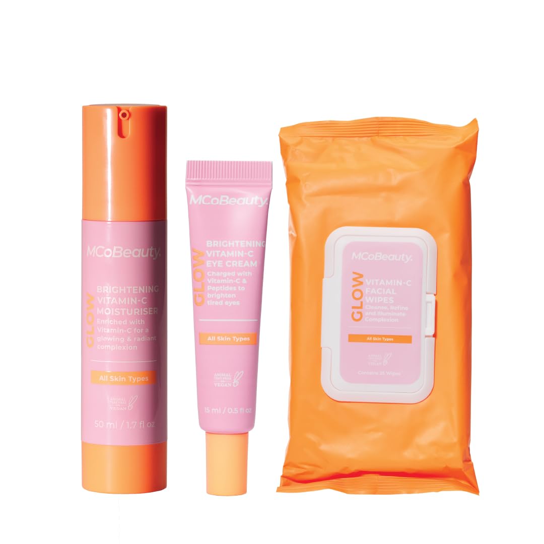 MCoBeauty Hydrate Balancing Hyaluronic Cream Cleanser, Glow Brightening Vitamin-C Eye Cream Vitamin C Facial Wipes Bundle (Pack of 3) Vegan, Cruelty Free Cosmetics