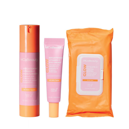 MCoBeauty Hydrate Balancing Hyaluronic Cream Cleanser, Glow Brightening Vitamin-C Eye Cream Vitamin C Facial Wipes Bundle (Pack of 3) Vegan, Cruelty Free Cosmetics