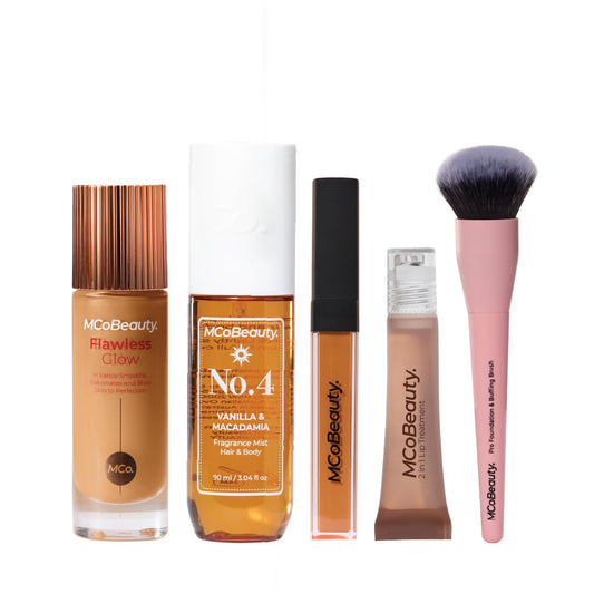 MCoBeauty Flawless Glow Luminous Skin Filter, Fragrance Mist no. 4, 2-in-1 Lip Oil, Perfect Cream Concealer & Pro Foundation and Buffing Brush Bundle (Pack of 5) Vegan, Cruelty Free Cosmetics