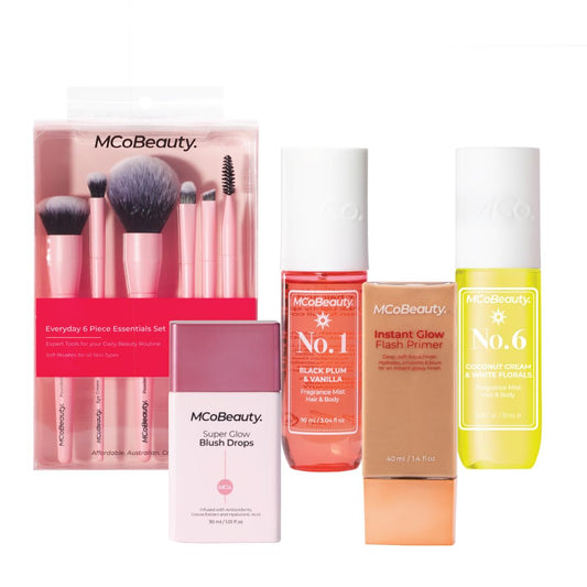 MCoBeauty Instant Glow Flash Primer, Super Glow Blush Drop, Fragrance Mist 1 & 6 Piece Make up Brush Essential Set Bundle (Pack of 4) Vegan, Cruelty Free Cosmetics