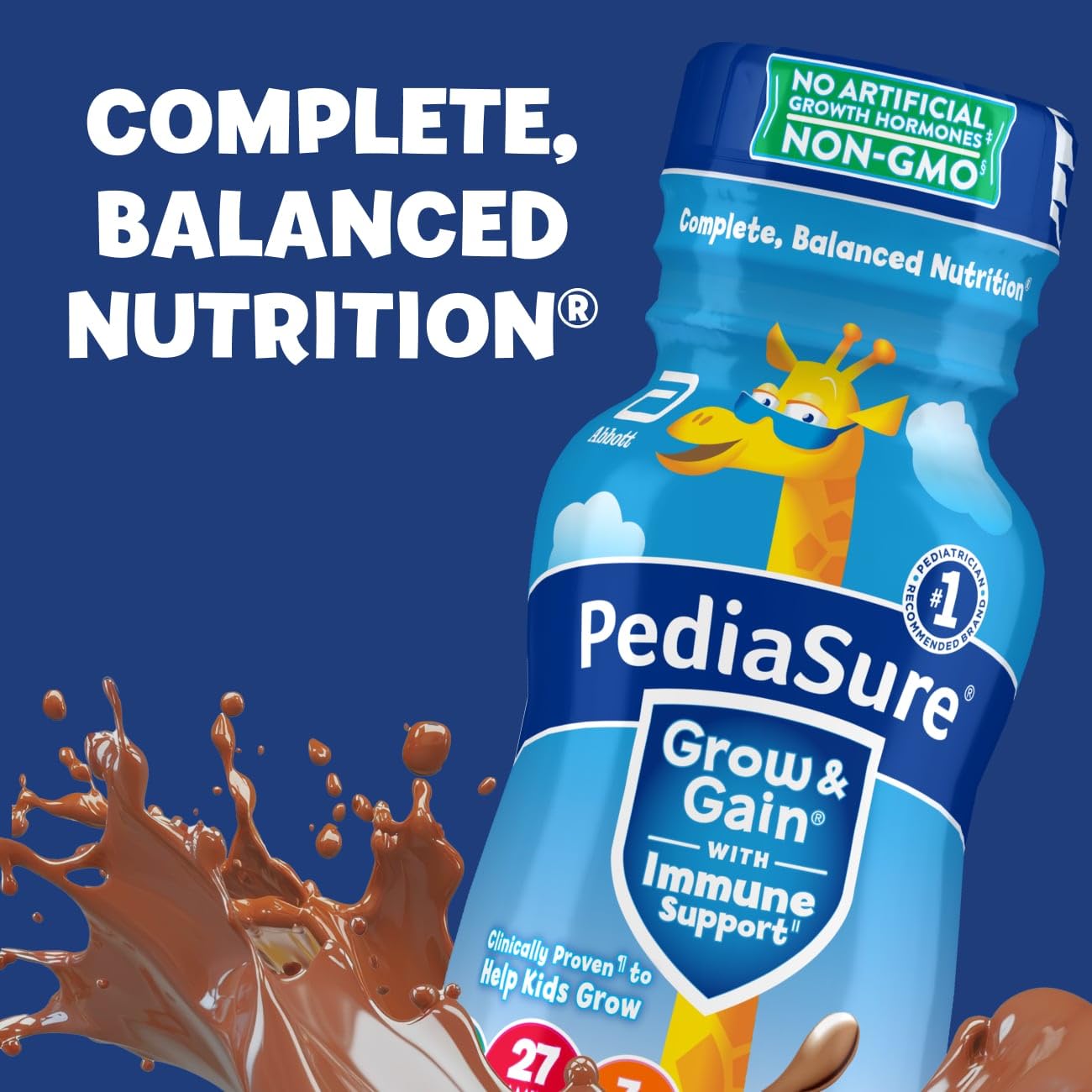 PediaSure Grow & Gain with Immune Support, 27 Vitamins & Minerals for Kids, 7g Protein, Non-GMO, Gluten-Free, Chocolate, 8-fl-oz Bottle, Pack of 24