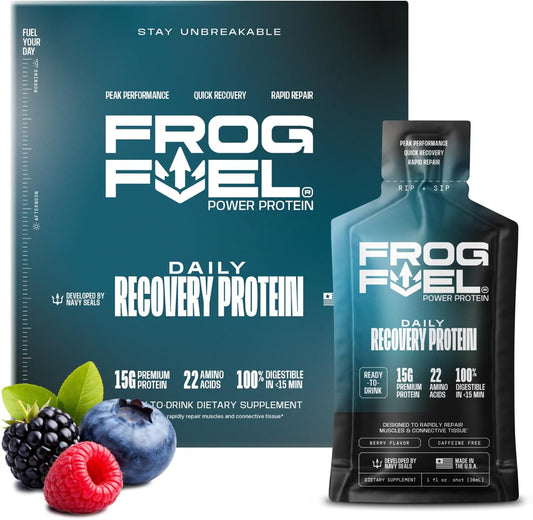 Frog Fuel Power Liquid Protein Shot, 15g Protein, Berry, 24 pk | Nano Hydrolyzed Grass Fed Collagen, Post Workout, 22 Amino Acids, Sugar & Fat Free, Gluten Free, 0 Carbs, 1 oz Shots