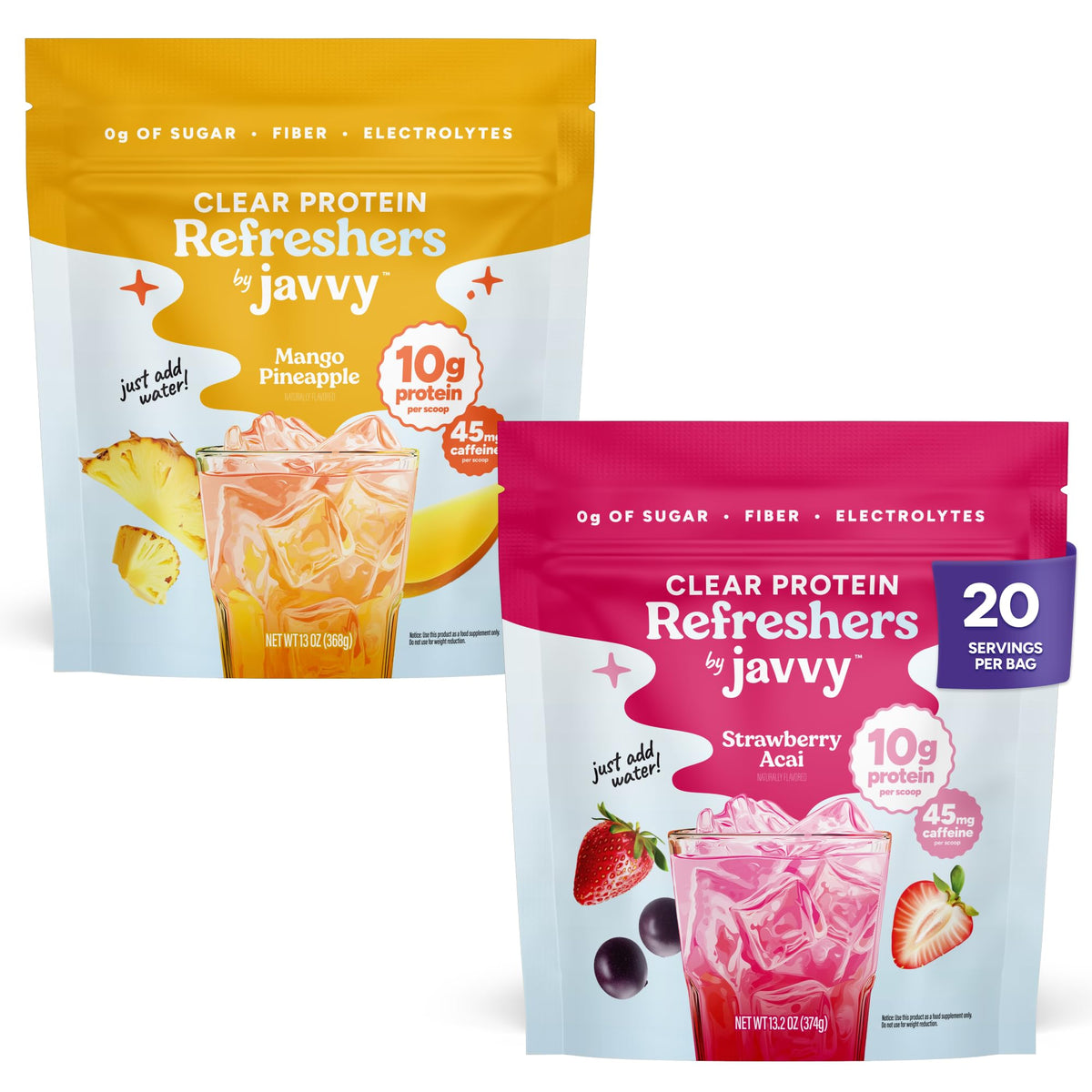 Javvy Clear Protein Refresher Drink Mix – 10g of Whey Protein and Collagen Peptides, Electrolytes Powder, Natural Flavors, 0g of Sugar, 45mg Caffeine, 20 Servings, Strawberry Berry Acai
