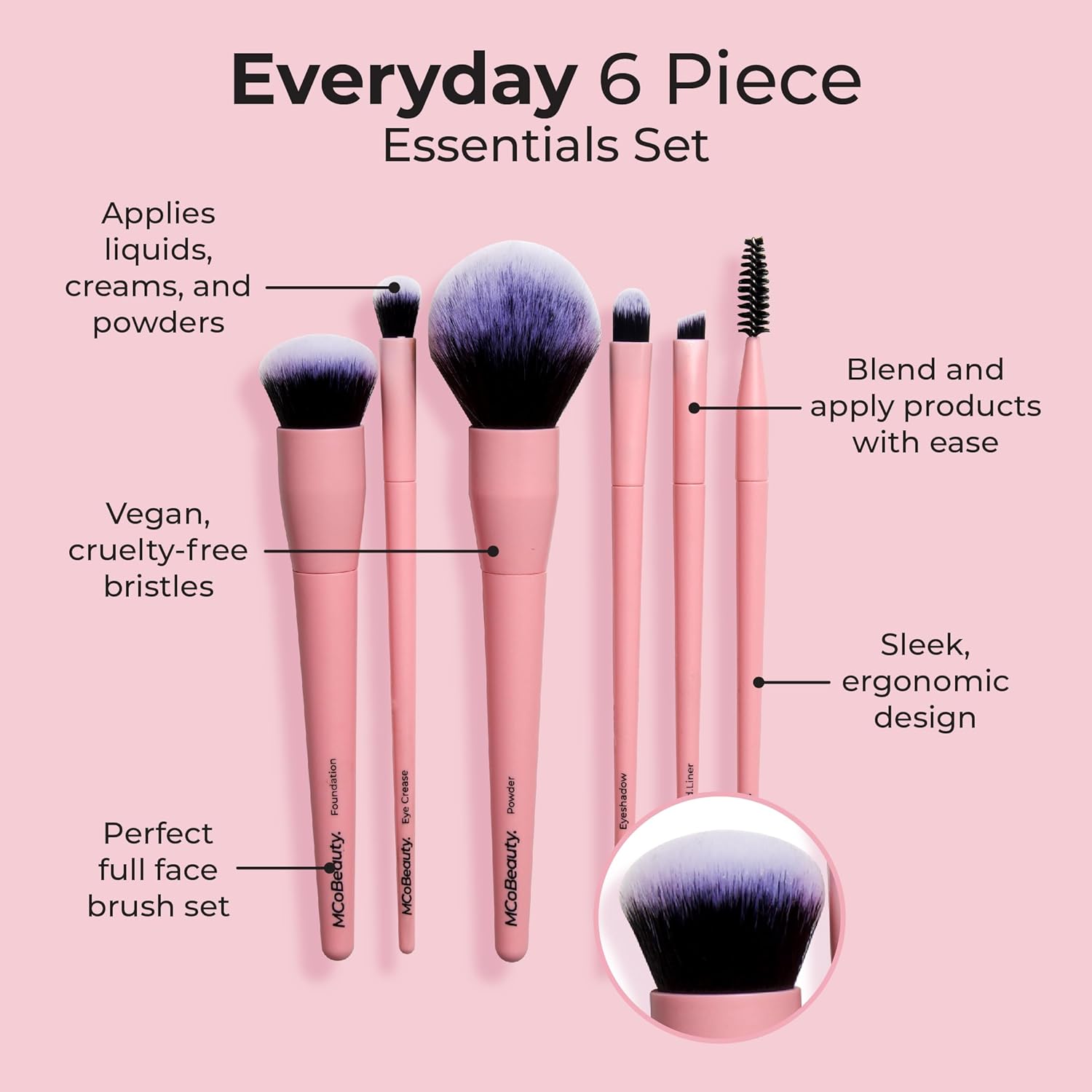 MCoBeauty Everyday 6 Piece Makeup Brush Essential Set, Soft Bristles, Full Face Brush Set, Sleek Organic Design