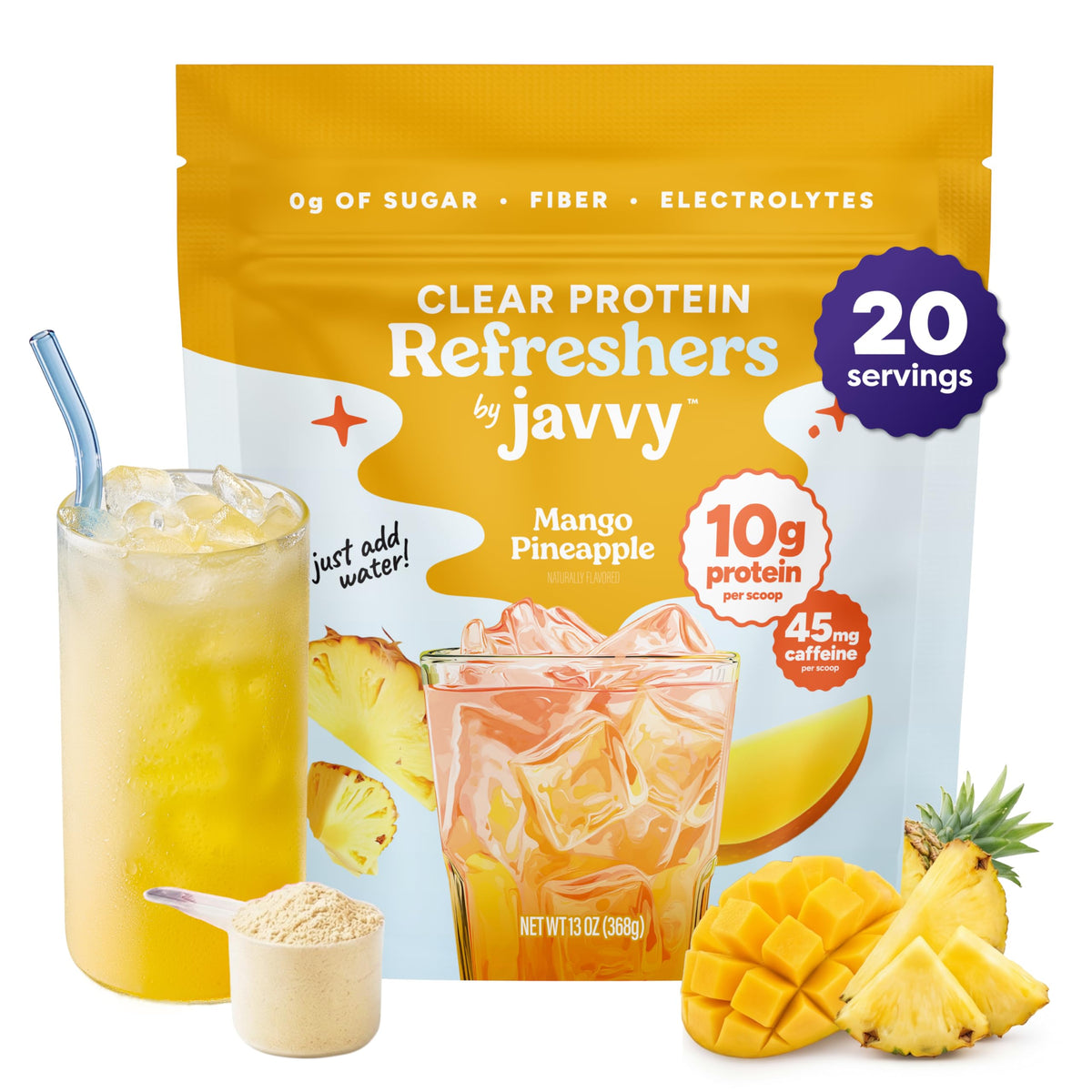 Javvy Clear Protein Refresher Drink Mix – 10g of Whey Protein and Collagen Peptides, Electrolytes Powder, Natural Flavors, 0g of Sugar, 45mg Caffeine, 20 Servings, Strawberry Berry Acai