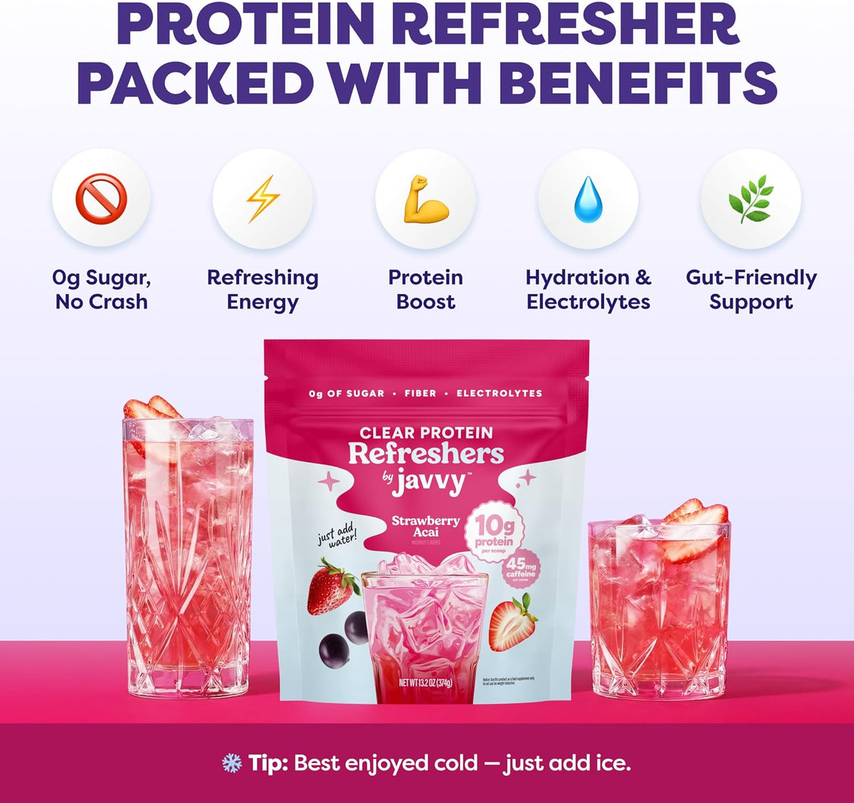 Javvy Clear Protein Refresher Drink Mix – 10g of Whey Protein and Collagen Peptides, Electrolytes Powder, Natural Flavors, 0g of Sugar, 45mg Caffeine, 20 Servings, Strawberry Berry Acai