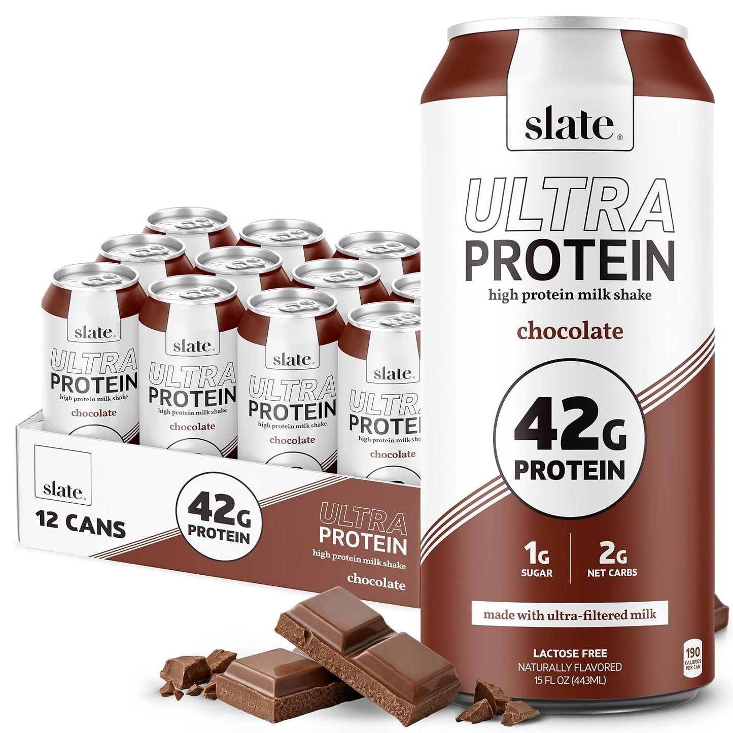 Slate Milk - Ultra Protein Shake - Chocolate - 42g Protein, 1g Sugar, 190 Calories, 2g Net Carbs - Lactose Free, No Added Sugar - Made with Ultra Filtered Milk - Breakfast Boost, Post Workout - 15 fl oz, 12 Cans