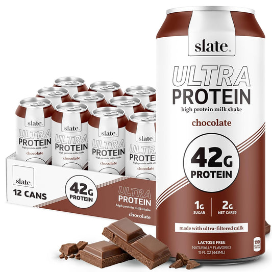 Slate Milk - Ultra Protein Shake - Chocolate - 42g Protein, 1g Sugar, 190 Calories, 2g Net Carbs - Lactose Free, No Added Sugar - Made with Ultra Filtered Milk - Breakfast Boost, Post Workout - 15 fl oz, 12 Cans