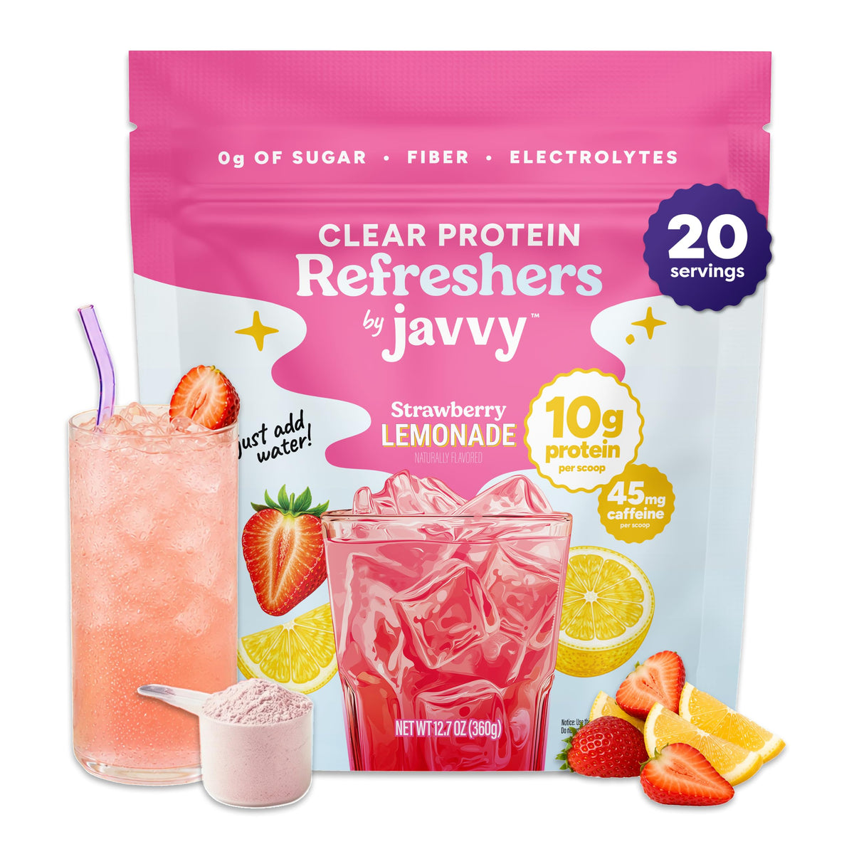 Javvy Clear Protein Refresher Drink Mix – 10g of Whey Protein and Collagen Peptides, Electrolytes Powder, Natural Flavors, 0g of Sugar, 45mg Caffeine, 20 Servings, Strawberry Berry Acai