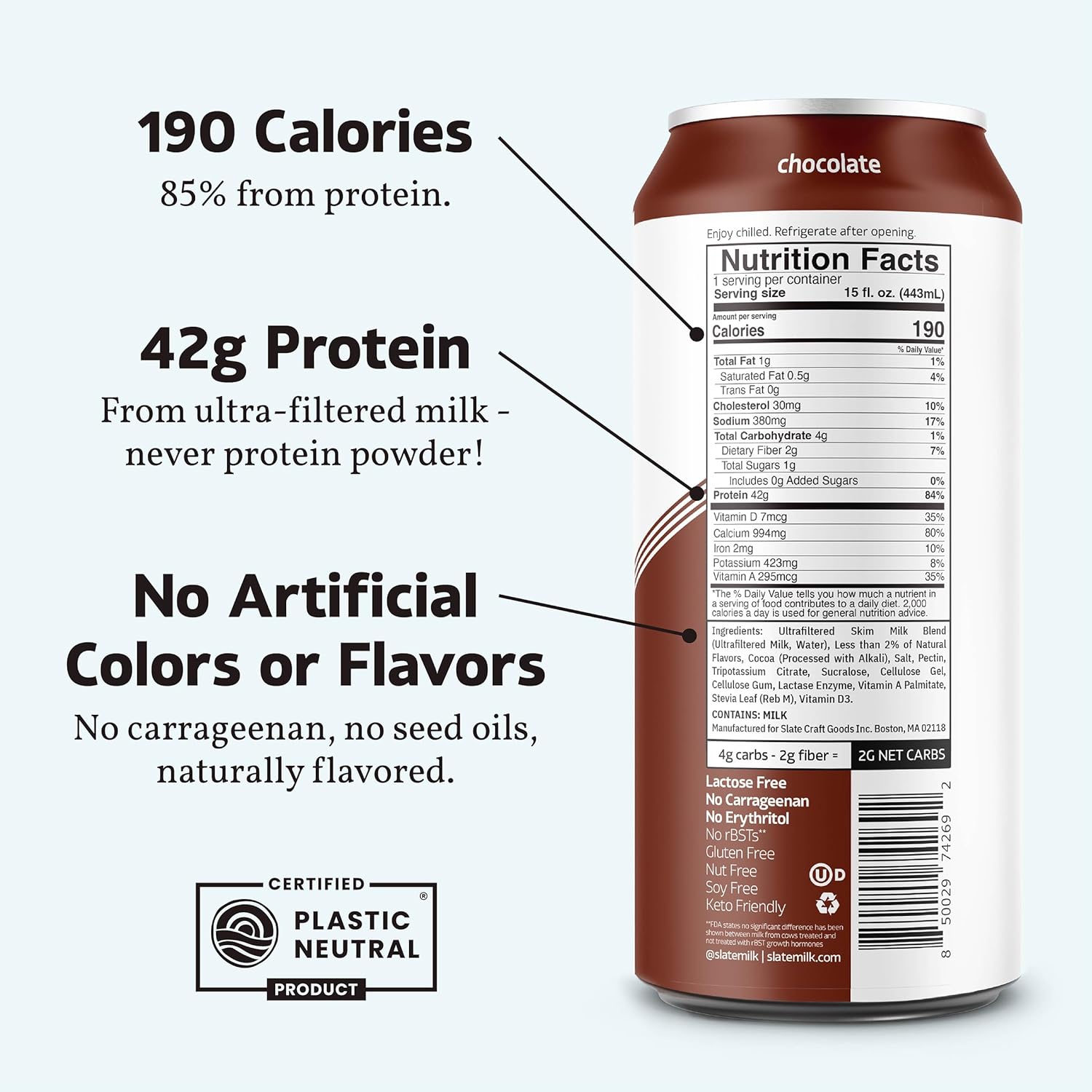 Slate Milk - Ultra Protein Shake - Chocolate - 42g Protein, 1g Sugar, 190 Calories, 2g Net Carbs - Lactose Free, No Added Sugar - Made with Ultra Filtered Milk - Breakfast Boost, Post Workout - 15 fl oz, 12 Cans