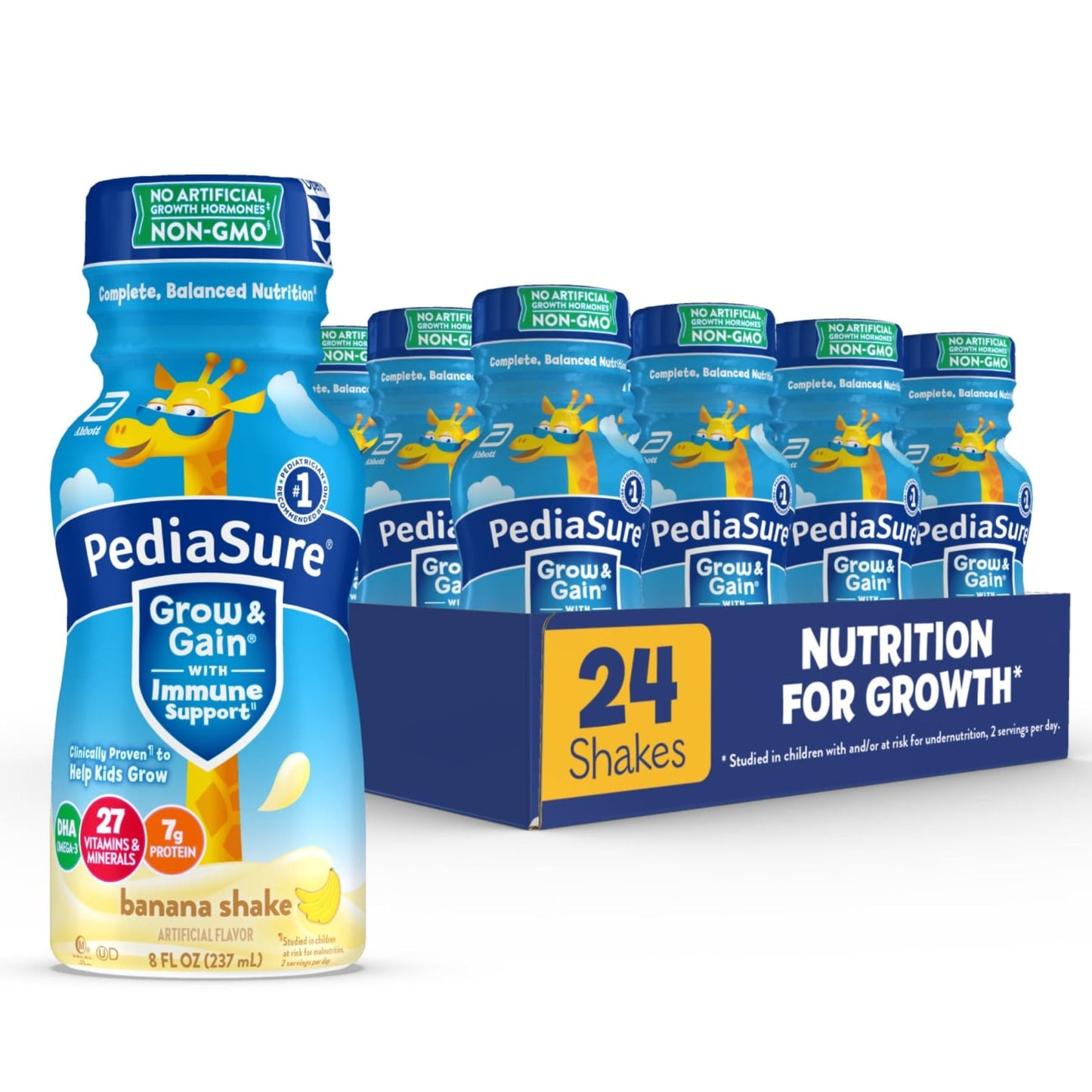 PediaSure Grow & Gain with Immune Support, 27 Vitamins & Minerals for Kids, 7g Protein, Non-GMO, Gluten-Free, Chocolate, 8-fl-oz Bottle, Pack of 24