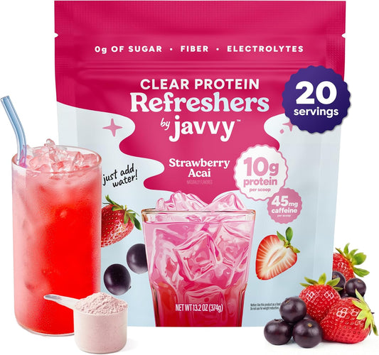 Javvy Clear Protein Refresher Drink Mix – 10g of Whey Protein and Collagen Peptides, Electrolytes Powder, Natural Flavors, 0g of Sugar, 45mg Caffeine, 20 Servings, Strawberry Berry Acai