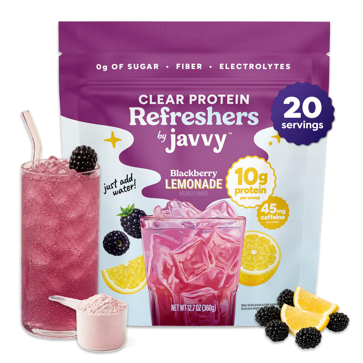Javvy Clear Protein Refresher Drink Mix – 10g of Whey Protein and Collagen Peptides, Electrolytes Powder, Natural Flavors, 0g of Sugar, 45mg Caffeine, 20 Servings, Strawberry Berry Acai