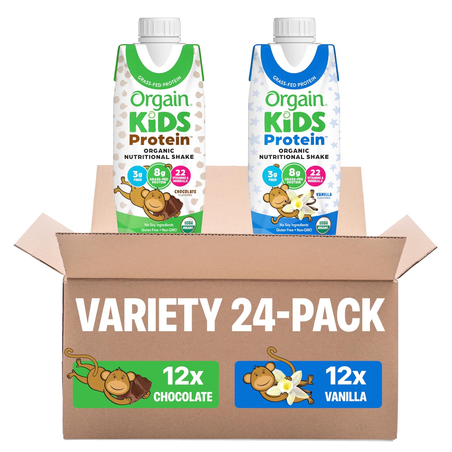 Orgain Organic Kids Nutritional Dairy Protein Shakes, Chocolate, Healthy Kids Snacks, 8g Grass-Fed Protein, 3g Fiber, 22 Vitamins & Minerals, No Soy Ingredients, Non-GMO, 8.25 Fl Oz, Pack of 12