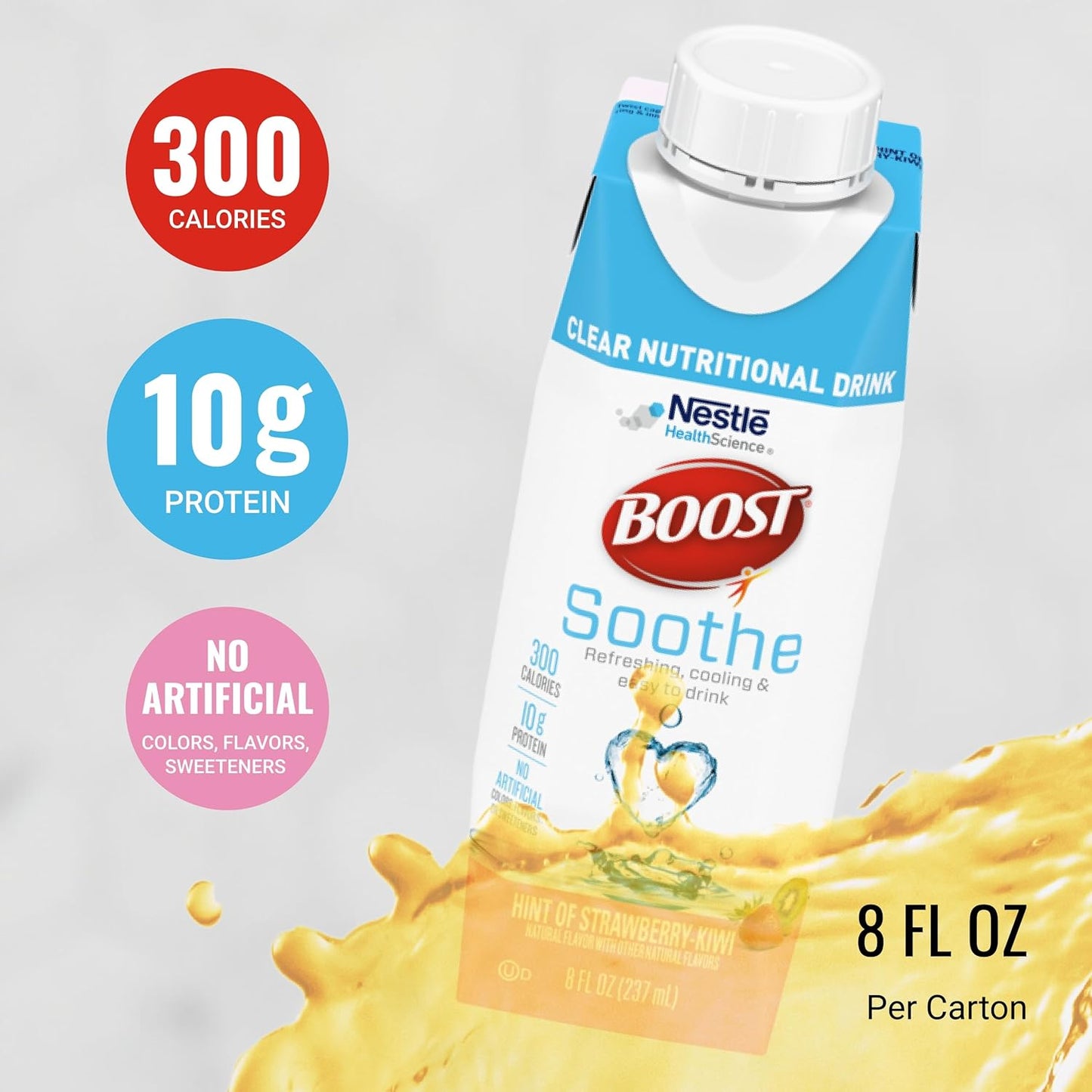 BOOST Soothe Clear Nutritional Drink – Cooling sensation - 300 Calories - 10 g Protein from Whey Protein Isolate - Hint of Strawberry Kiwi Flavor - 8 fl oz (Pack of 24)