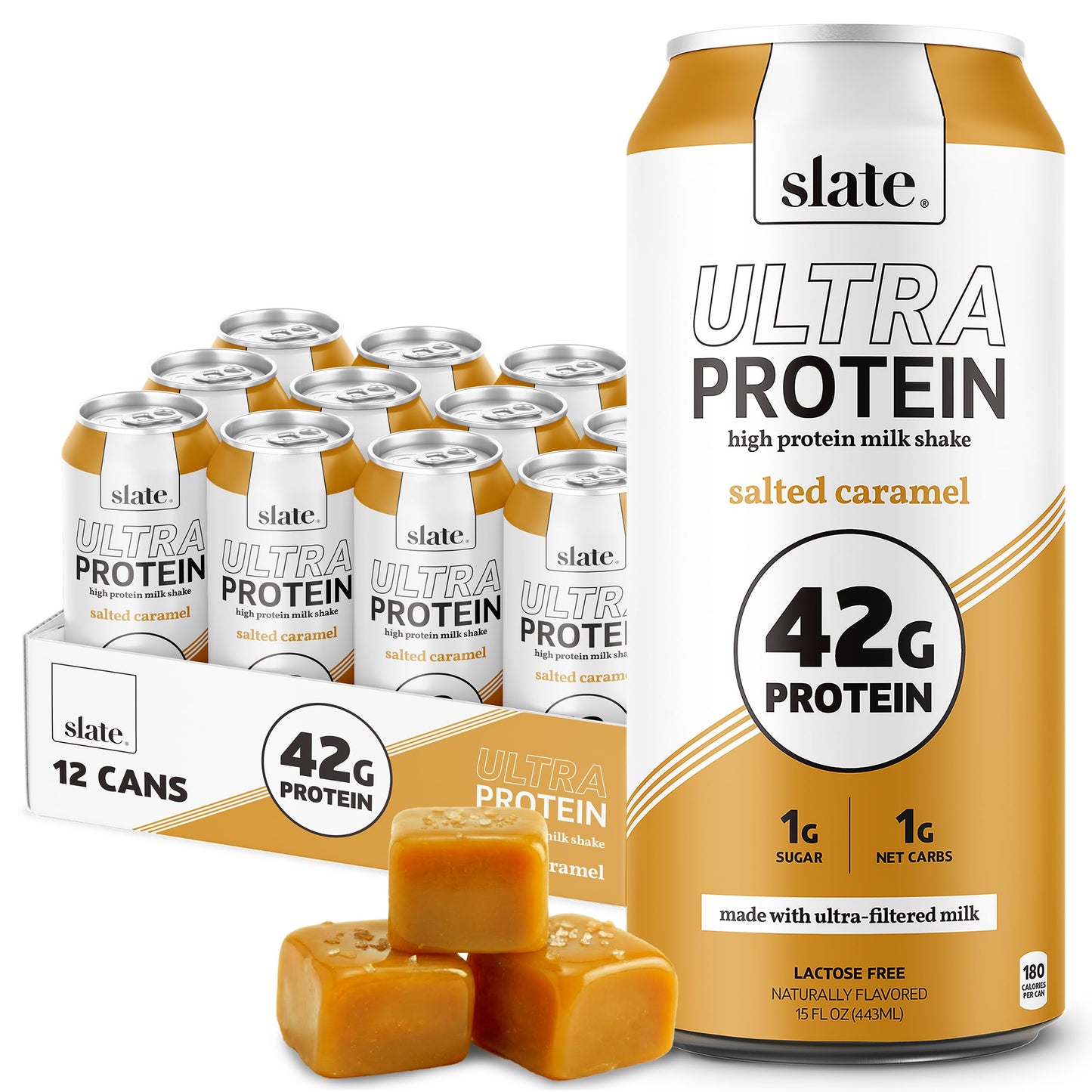 Slate Milk - Ultra Protein Shake - Chocolate - 42g Protein, 1g Sugar, 190 Calories, 2g Net Carbs - Lactose Free, No Added Sugar - Made with Ultra Filtered Milk - Breakfast Boost, Post Workout - 15 fl oz, 12 Cans