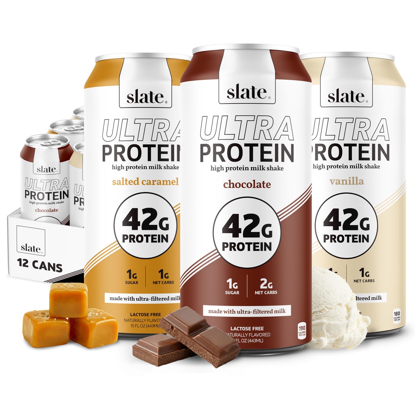 Slate Milk - Ultra Protein Shake - Chocolate - 42g Protein, 1g Sugar, 190 Calories, 2g Net Carbs - Lactose Free, No Added Sugar - Made with Ultra Filtered Milk - Breakfast Boost, Post Workout - 15 fl oz, 12 Cans