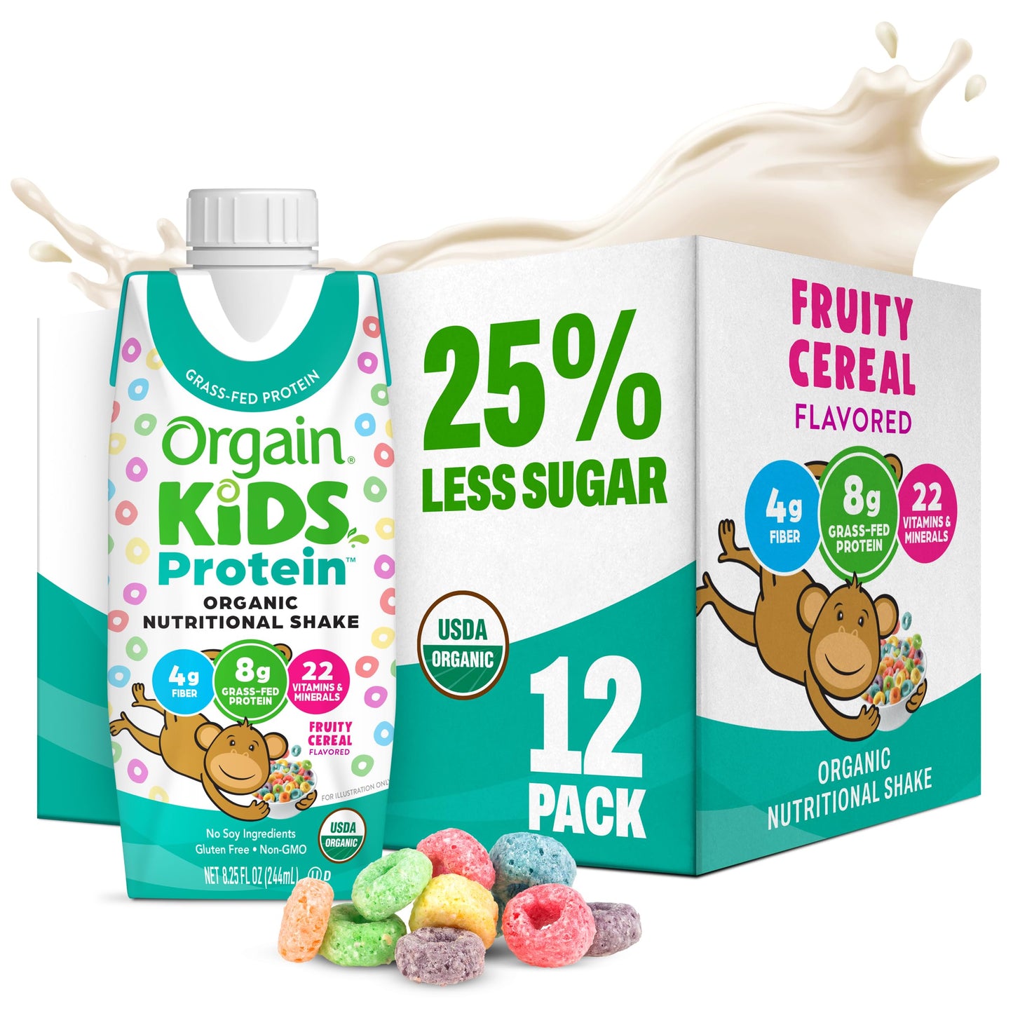 Orgain Organic Kids Nutritional Dairy Protein Shakes, Chocolate, Healthy Kids Snacks, 8g Grass-Fed Protein, 3g Fiber, 22 Vitamins & Minerals, No Soy Ingredients, Non-GMO, 8.25 Fl Oz, Pack of 12