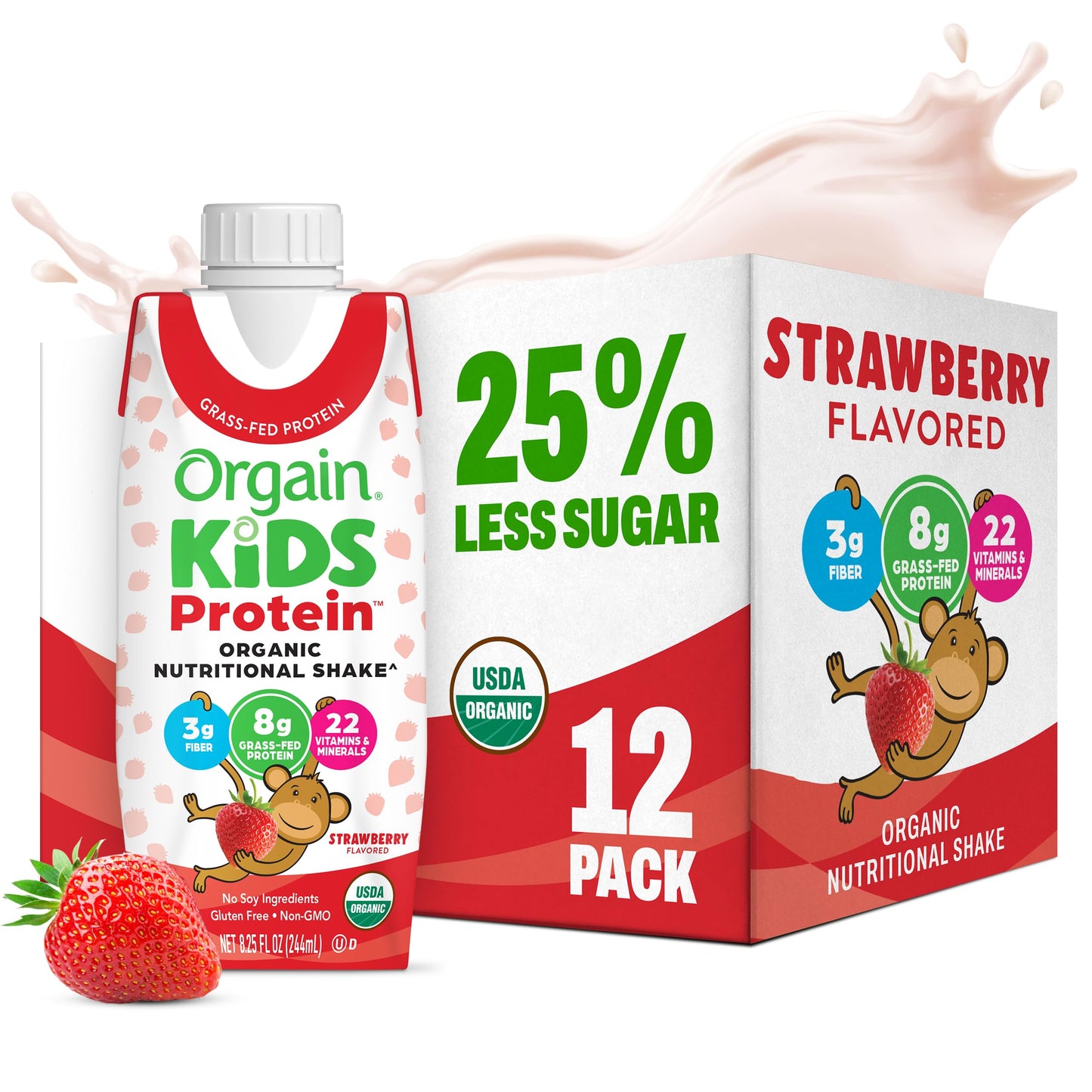 Orgain Organic Kids Nutritional Dairy Protein Shakes, Chocolate, Healthy Kids Snacks, 8g Grass-Fed Protein, 3g Fiber, 22 Vitamins & Minerals, No Soy Ingredients, Non-GMO, 8.25 Fl Oz, Pack of 12