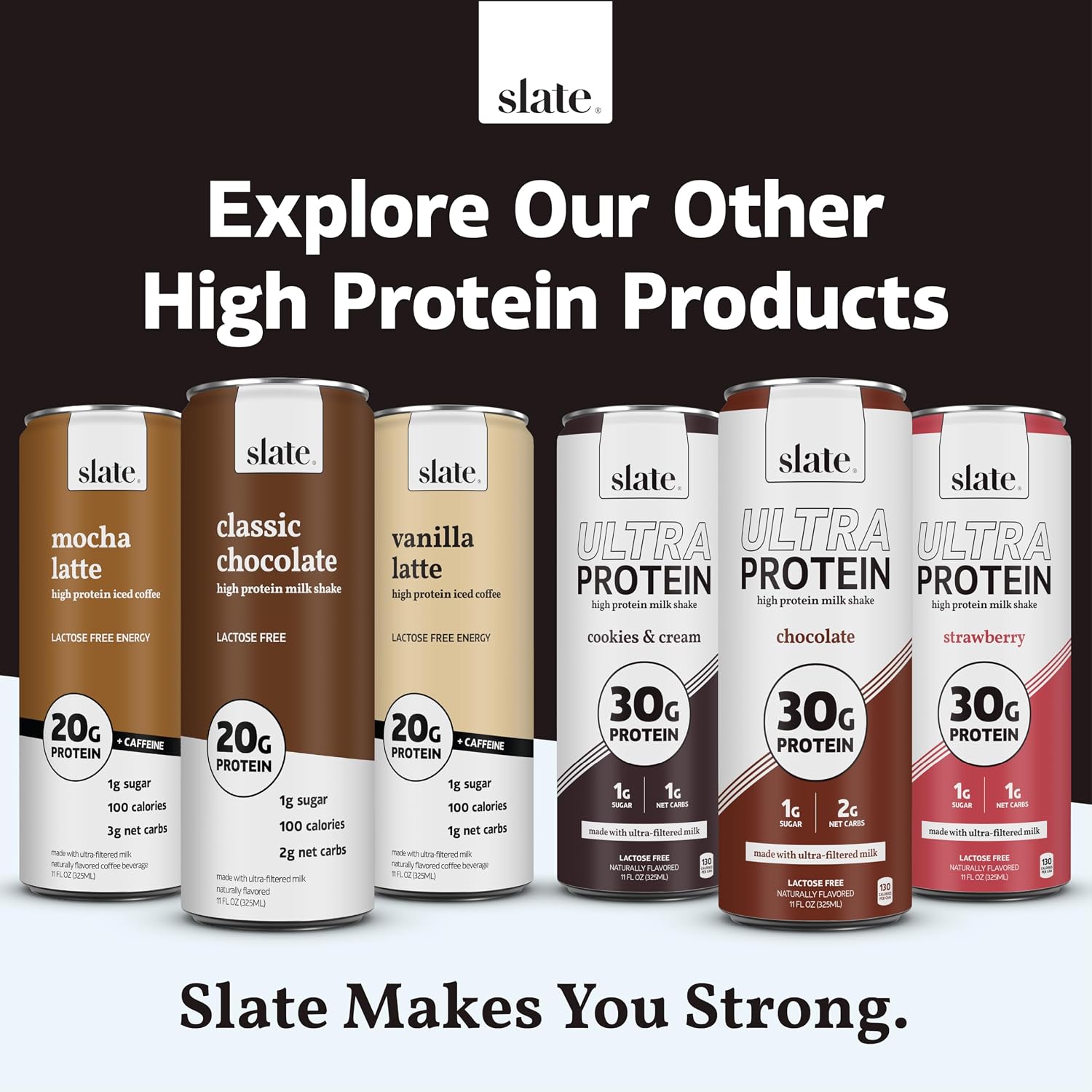 Slate Milk - Ultra Protein Shake - Chocolate - 42g Protein, 1g Sugar, 190 Calories, 2g Net Carbs - Lactose Free, No Added Sugar - Made with Ultra Filtered Milk - Breakfast Boost, Post Workout - 15 fl oz, 12 Cans