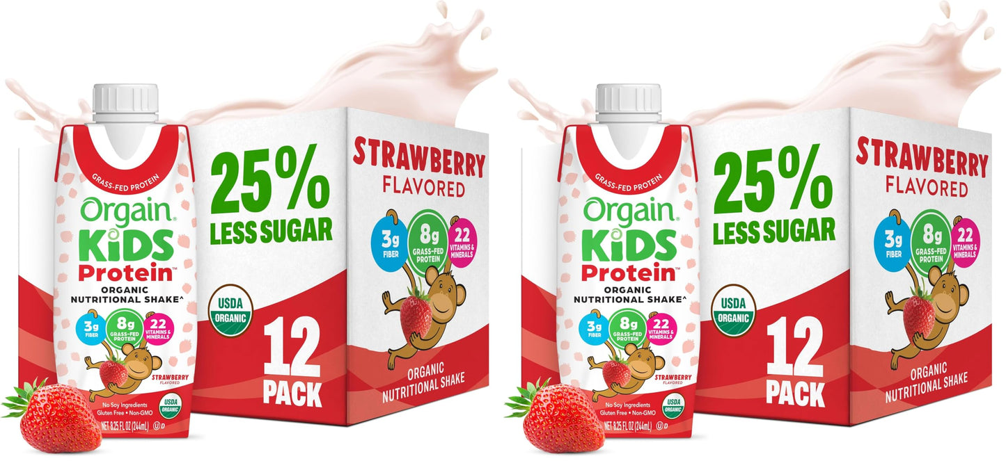 Orgain Organic Kids Nutritional Dairy Protein Shakes, Chocolate, Healthy Kids Snacks, 8g Grass-Fed Protein, 3g Fiber, 22 Vitamins & Minerals, No Soy Ingredients, Non-GMO, 8.25 Fl Oz, Pack of 12