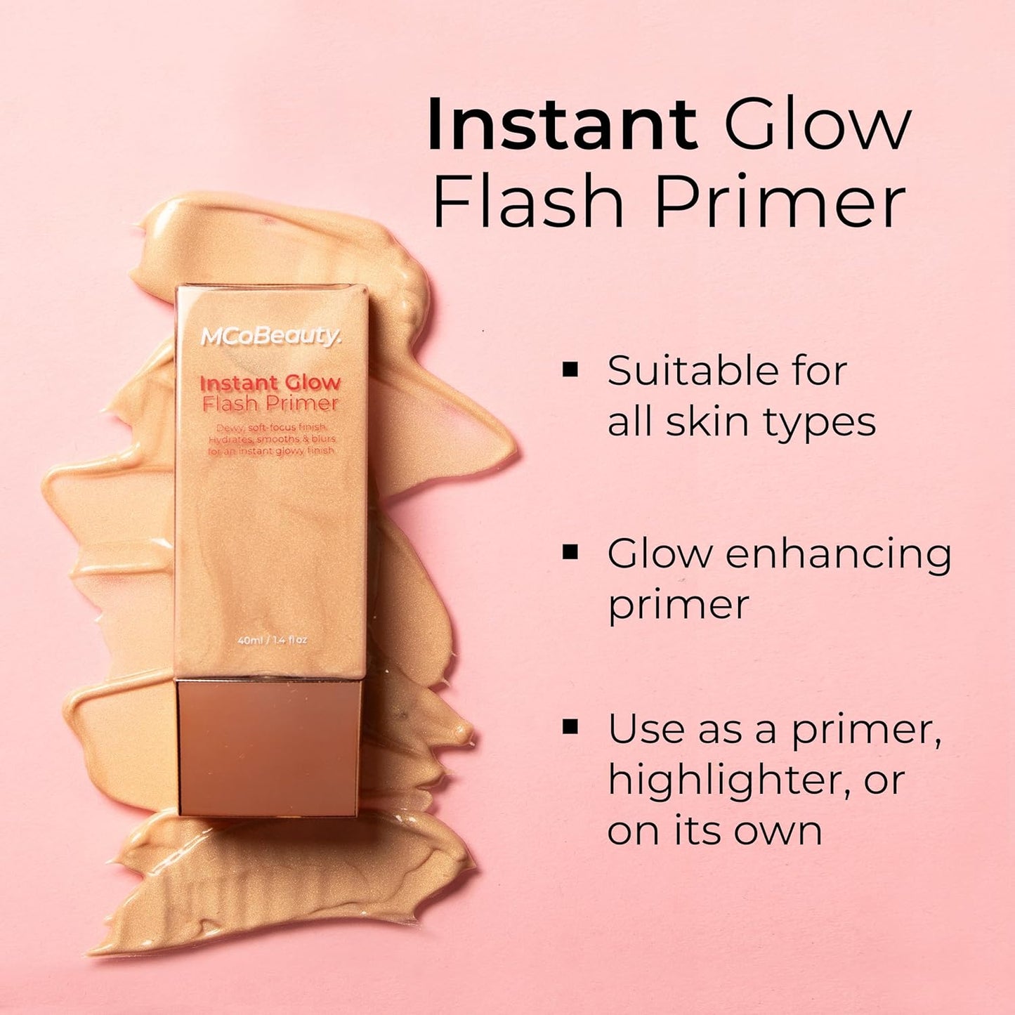 MCoBeauty Instant Glow Flash Primer, Super Glow Blush Drop, Fragrance Mist 1 & 6 Piece Make up Brush Essential Set Bundle (Pack of 4) Vegan, Cruelty Free Cosmetics