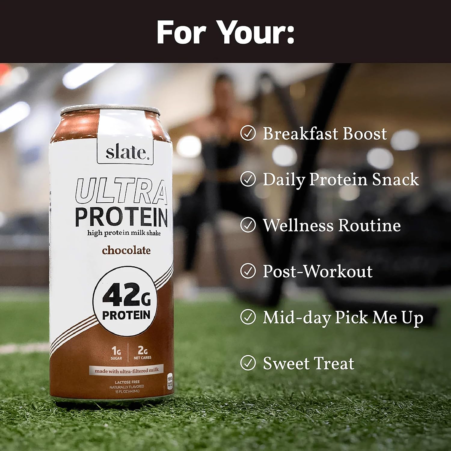 Slate Milk - Ultra Protein Shake - Chocolate - 42g Protein, 1g Sugar, 190 Calories, 2g Net Carbs - Lactose Free, No Added Sugar - Made with Ultra Filtered Milk - Breakfast Boost, Post Workout - 15 fl oz, 12 Cans