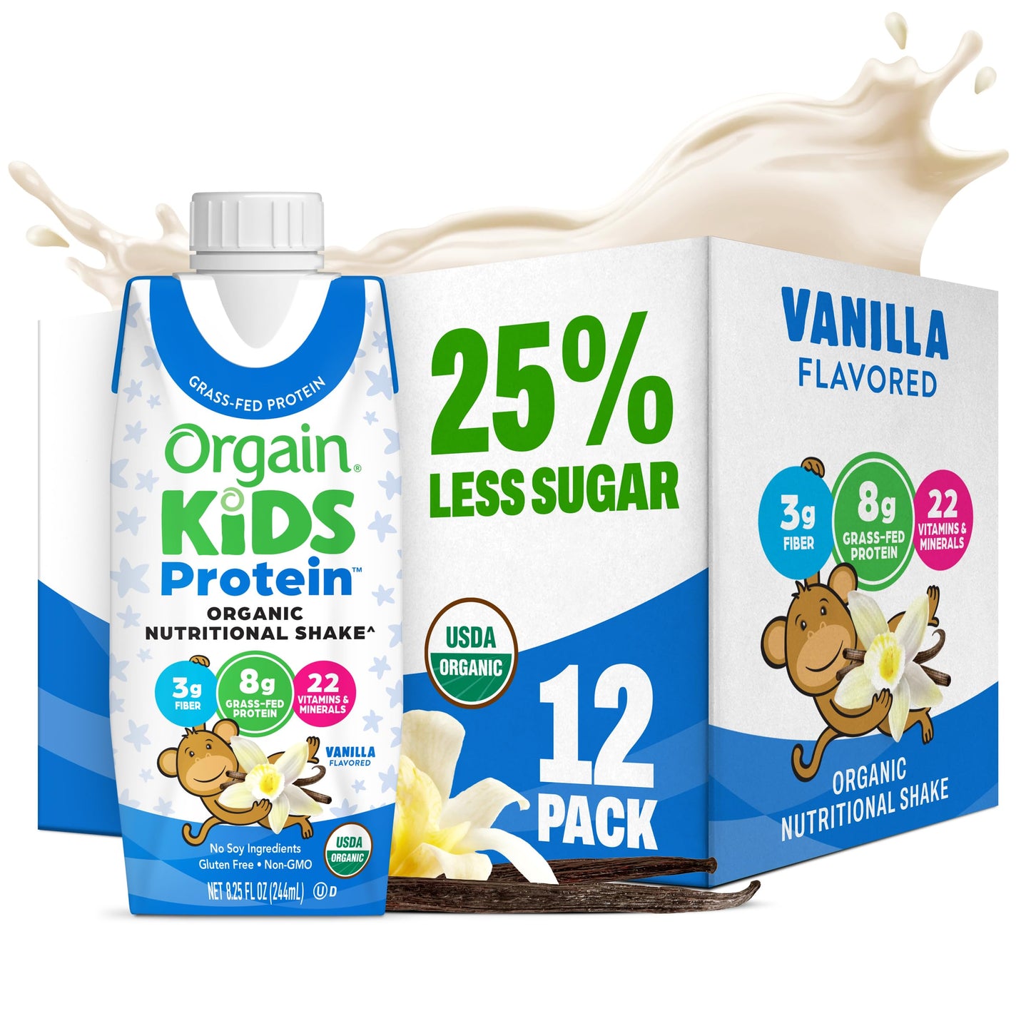 Orgain Organic Kids Nutritional Dairy Protein Shakes, Chocolate, Healthy Kids Snacks, 8g Grass-Fed Protein, 3g Fiber, 22 Vitamins & Minerals, No Soy Ingredients, Non-GMO, 8.25 Fl Oz, Pack of 12