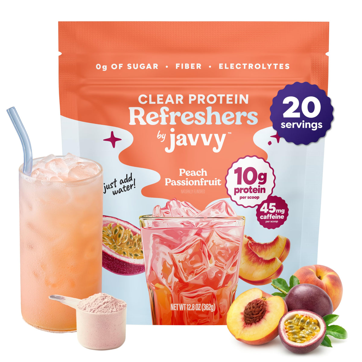 Javvy Clear Protein Refresher Drink Mix – 10g of Whey Protein and Collagen Peptides, Electrolytes Powder, Natural Flavors, 0g of Sugar, 45mg Caffeine, 20 Servings, Strawberry Berry Acai