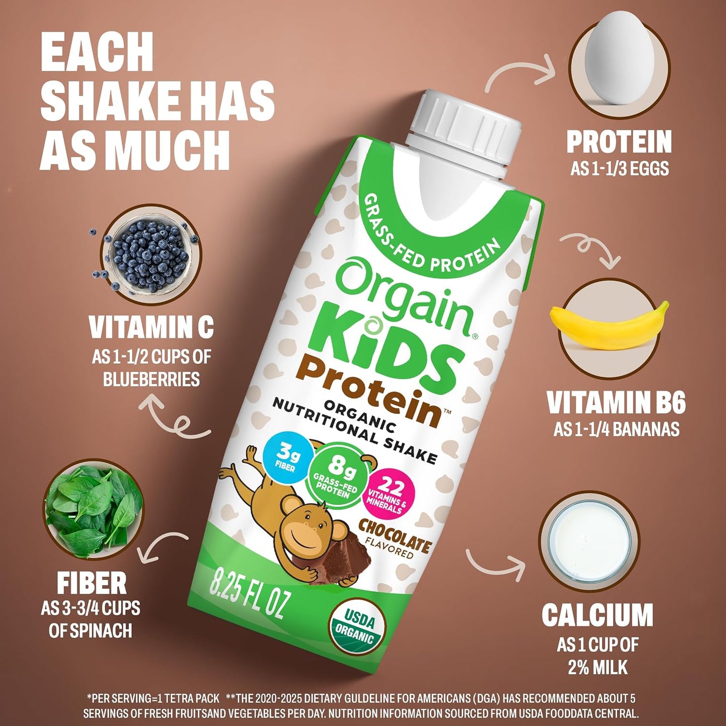 Orgain Organic Kids Nutritional Dairy Protein Shakes, Chocolate, Healthy Kids Snacks, 8g Grass-Fed Protein, 3g Fiber, 22 Vitamins & Minerals, No Soy Ingredients, Non-GMO, 8.25 Fl Oz, Pack of 12