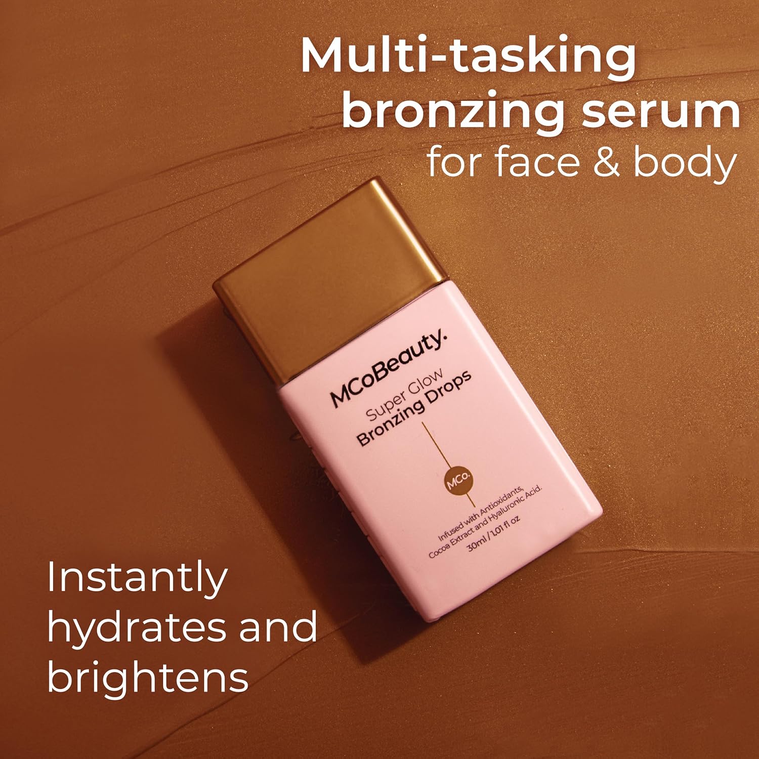 MCoBeauty Flawless Face Bundle, Pressed Powder in Medium Warm, Flawless Setting Spray, and Bronzing Drops, Pack of 3, Vegan, Cruelty Free Cosmetics