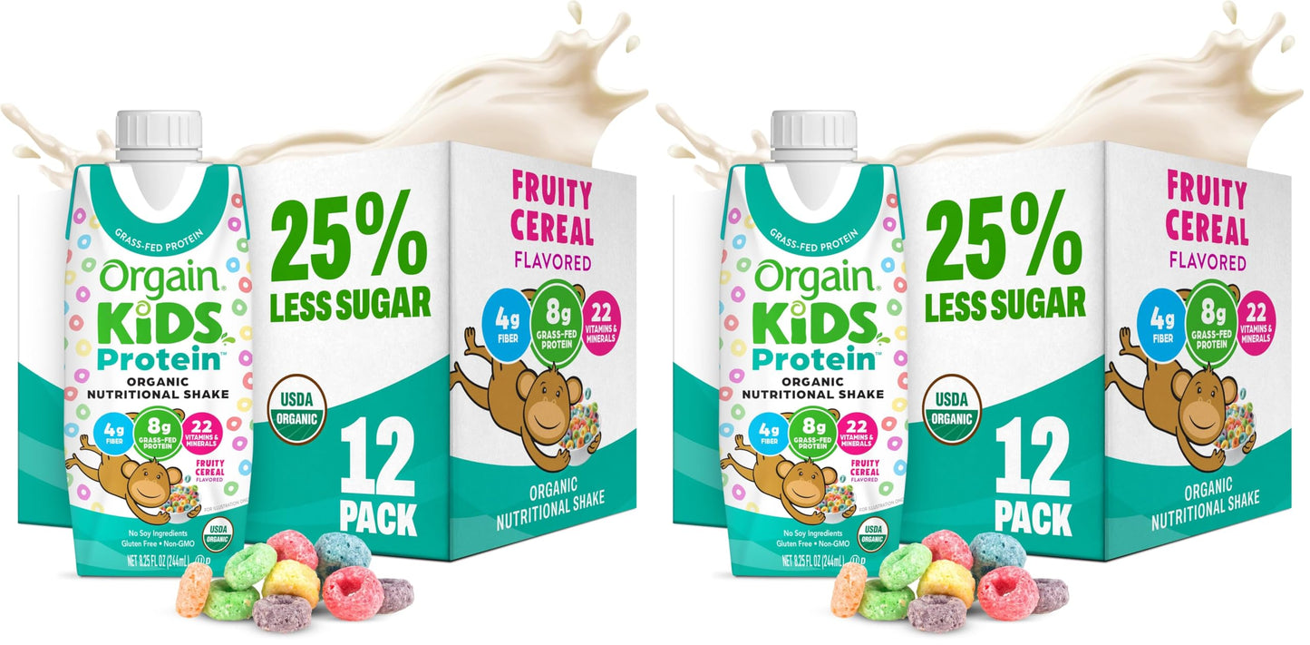 Orgain Organic Kids Nutritional Dairy Protein Shakes, Chocolate, Healthy Kids Snacks, 8g Grass-Fed Protein, 3g Fiber, 22 Vitamins & Minerals, No Soy Ingredients, Non-GMO, 8.25 Fl Oz, Pack of 12