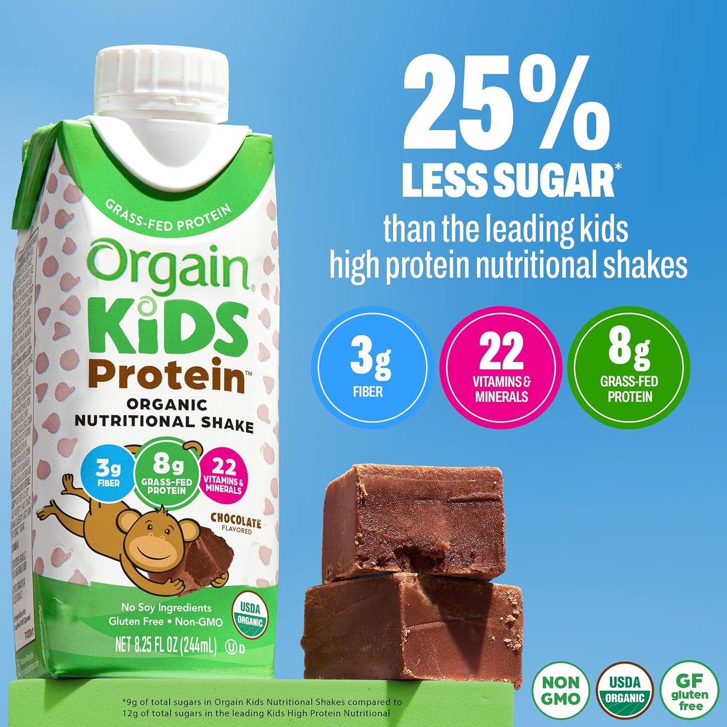 Orgain Organic Kids Nutritional Dairy Protein Shakes, Chocolate, Healthy Kids Snacks, 8g Grass-Fed Protein, 3g Fiber, 22 Vitamins & Minerals, No Soy Ingredients, Non-GMO, 8.25 Fl Oz, Pack of 12